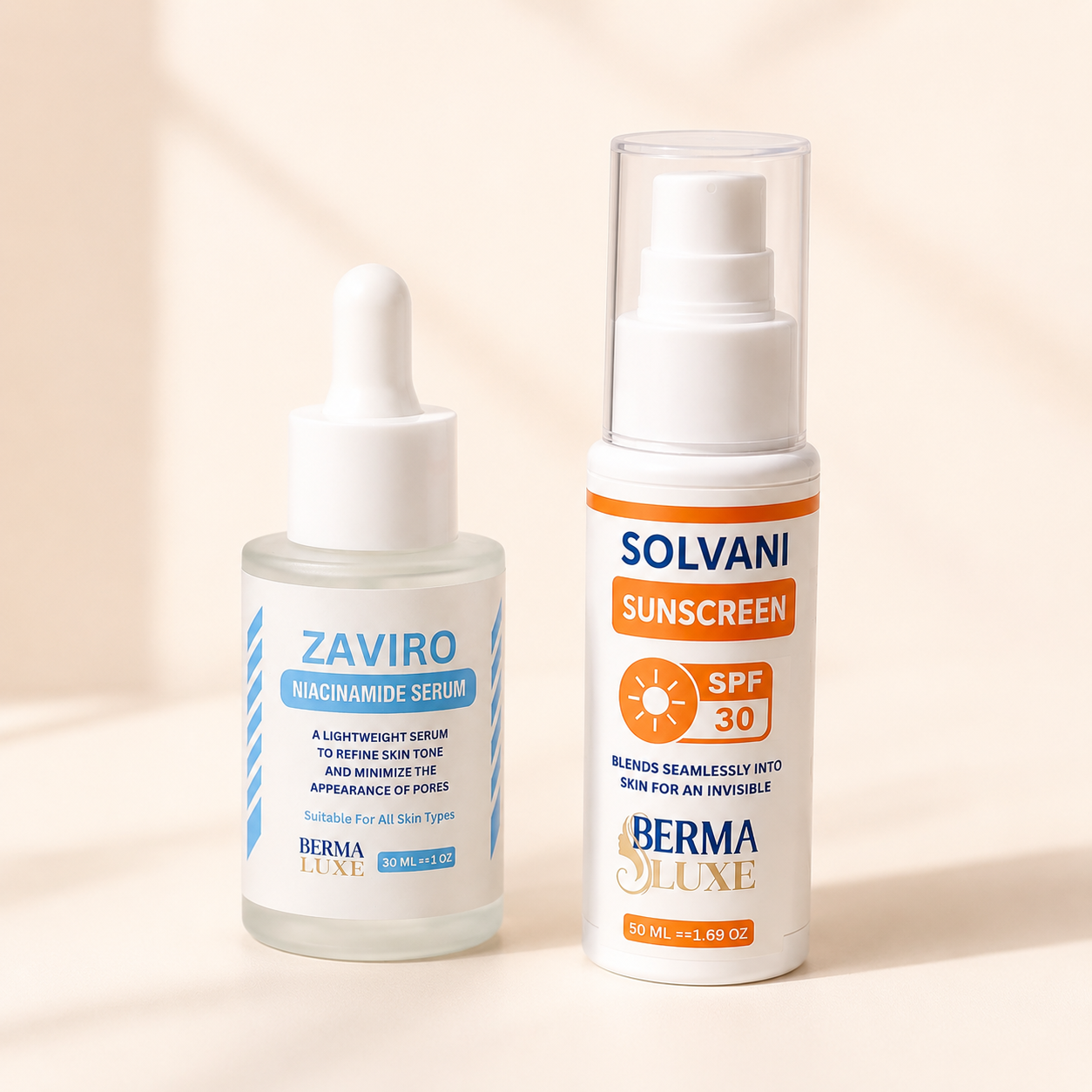 Complete your everyday skincare routine with the Bermaluxe Daily Duo — Zaviro Niacinamide Serum and Solvani SPF 30 Sunscreen.