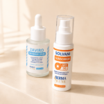Bermaluxe Daily Duo with Zaviro Niacinamide Serum and Solvani SPF 30 Sunscreen in a premium skincare product arrangement