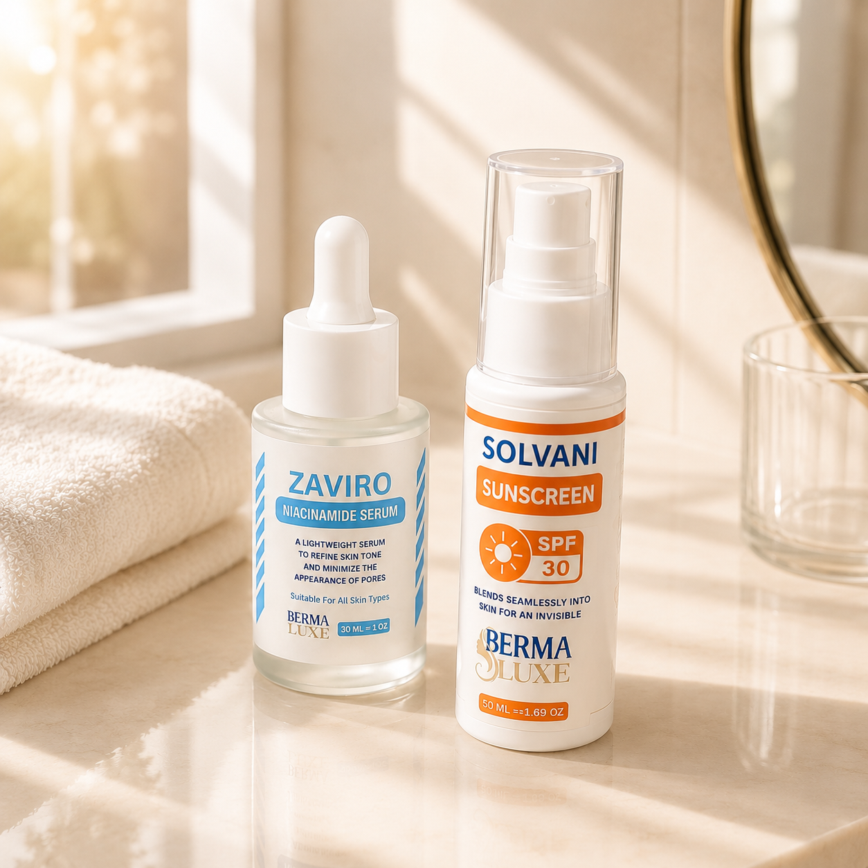 Bermaluxe Daily Duo skincare routine featuring Zaviro Niacinamide Serum and Solvani SPF 30 Sunscreen on a bathroom vanity