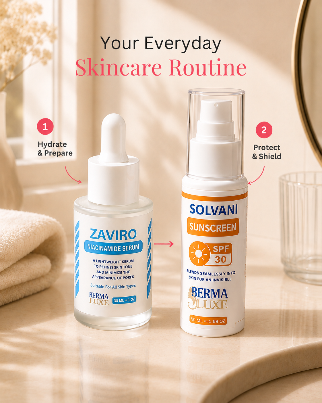 Bermaluxe Daily Duo showing Zaviro Niacinamide Serum and Solvani SPF 30 Sunscreen as a two step skincare routine